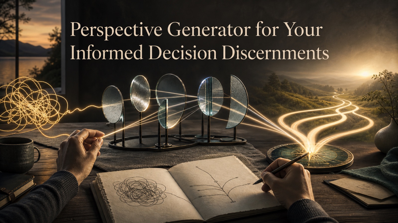 Perspective Generator for Your Informed Decision Discernments — a tangled thread passes through a rack of standing lenses and emerges as braided paths of light beside a compass and an open notebook